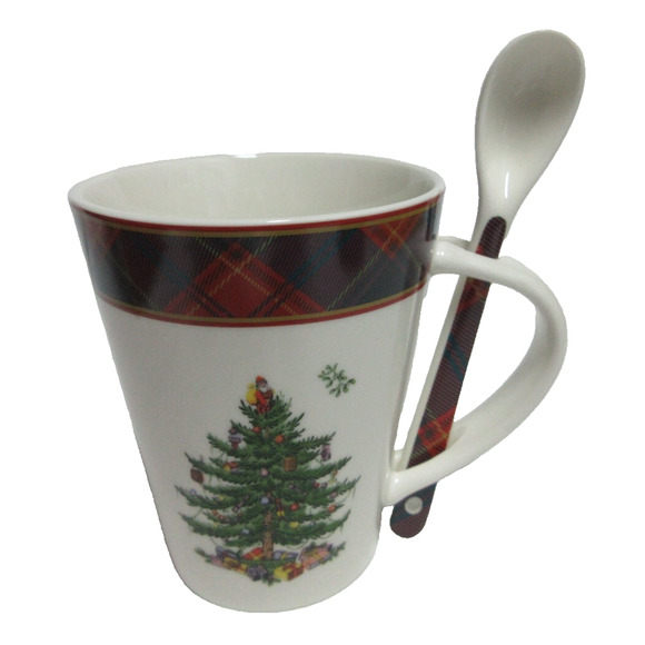 Spode Mug & Spoon set- Christmas Tree, Tartan Plaid 14oz New in Box Gift - Picture 2 of 9